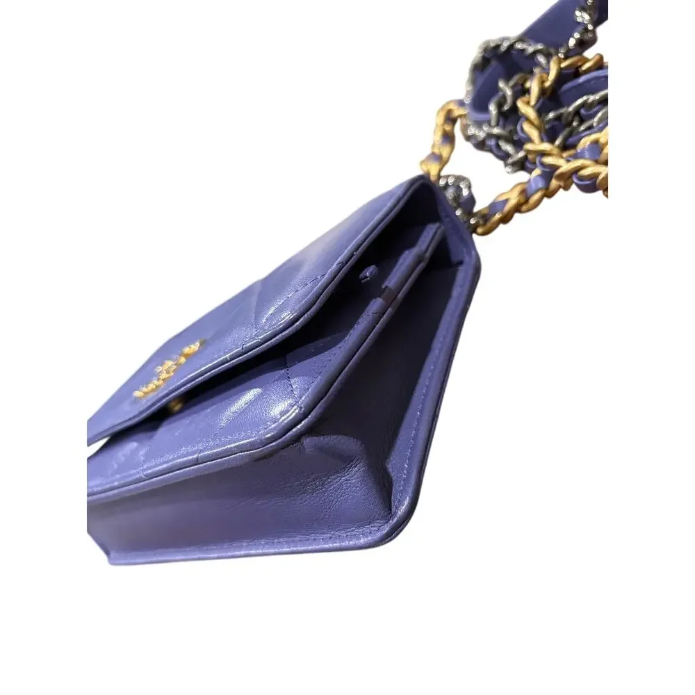 CHANEL 19 Matelassé 2-way Chain WOC Shoulder Bag Rare Purple with Card